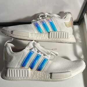 RARE! near perfect Adidas NMD R1 white w/ iridescent accents. Women’s size 10